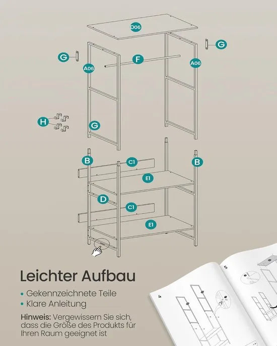 Furnstar Kledingrek -Open Garderobekast -Kledingstang -Garderobekast met Planken - Metalen Garderobekast Vrijstaand – Planken - Afneembare haken - 40 x 98 x 181 cm - Vintage bruin – 40 x 60 x 181cm