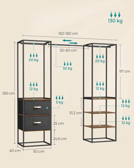 Furnstar Kledingrek Open Kledingkast – Hoog Belastbaar – 1 Uittrekbare Stang – 2 Lades – 4 Planken – Vintage Bruin Zwart – 40 x 180 x 180 cm
