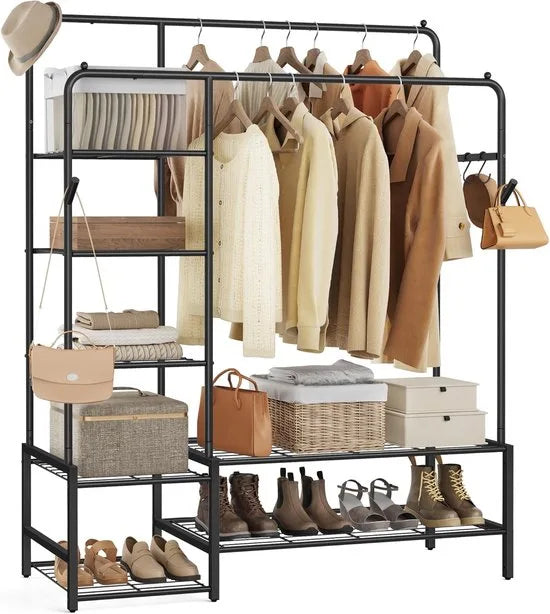 Furnstar Kledingrek - Open kledingkast - Kapstok met 7 planken - Metalen frame -Kledingstang voor slaapkamer,woonkamer, entree - 115,8 x 45 x 172,8 cm -Zwart