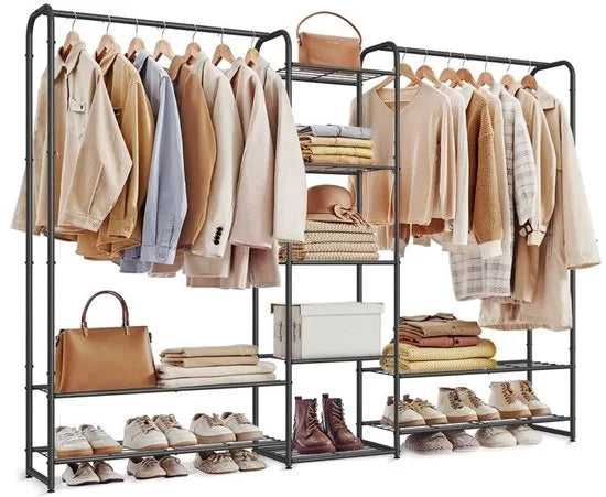 FurnStar - Kledingrek - Open kledingkast - Kledingstang - Kapstok met planken -Garderobe van metaal - Vrijstaand - 73 cm - Matzwart – 29 x 183 x 158,4cm 29 x 183 x 158,4 cm Matzwart (7264)