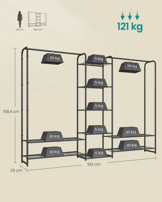 FurnStar - Kledingrek - Open kledingkast - Kledingstang - Kapstok met planken -Garderobe van metaal - Vrijstaand - 73 cm - Matzwart – 29 x 183 x 158,4cm 29 x 183 x 158,4 cm Matzwart (7264)