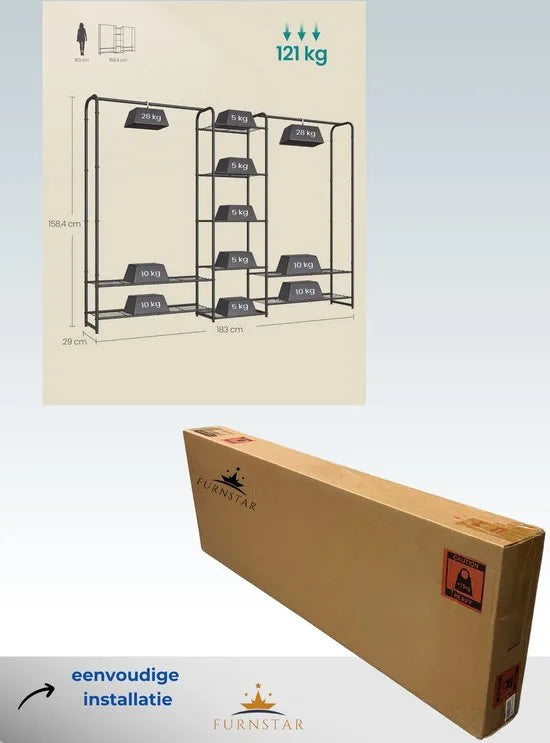 FurnStar - Kledingrek - Open kledingkast - Kledingstang - Kapstok met planken -Garderobe van metaal - Vrijstaand - 73 cm - Matzwart – 29 x 183 x 158,4cm 29 x 183 x 158,4 cm Matzwart (2022)