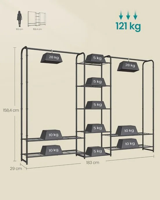 FurnStar - Kledingrek - Open kledingkast - Kledingstang - Kapstok met planken -Garderobe van metaal - Vrijstaand - 73 cm - Matzwart – 112cm -Matzwart (5443)