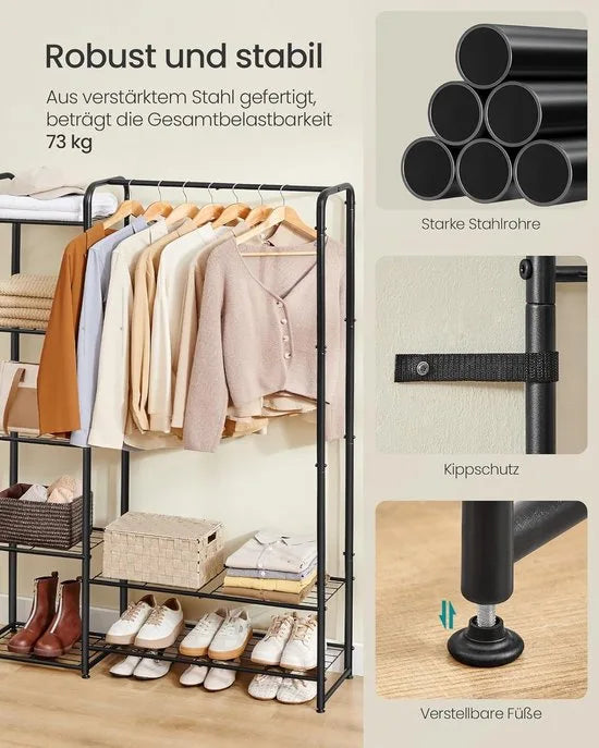 FurnStar - Kledingrek - Open kledingkast - Kledingstang - Kapstok met planken -Garderobe van metaal - Vrijstaand - 73 cm - Matzwart – 112cm -Matzwart (5153)