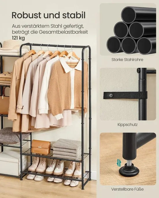 FurnStar - Kledingrek - Open kledingkast - Kledingstang - Kapstok met planken -Garderobe van metaal - Vrijstaand - 73 cm - Matzwart – 29 x 183 x 158,4cm 29 x 183 x 158,4 cm Matzwart (7264)