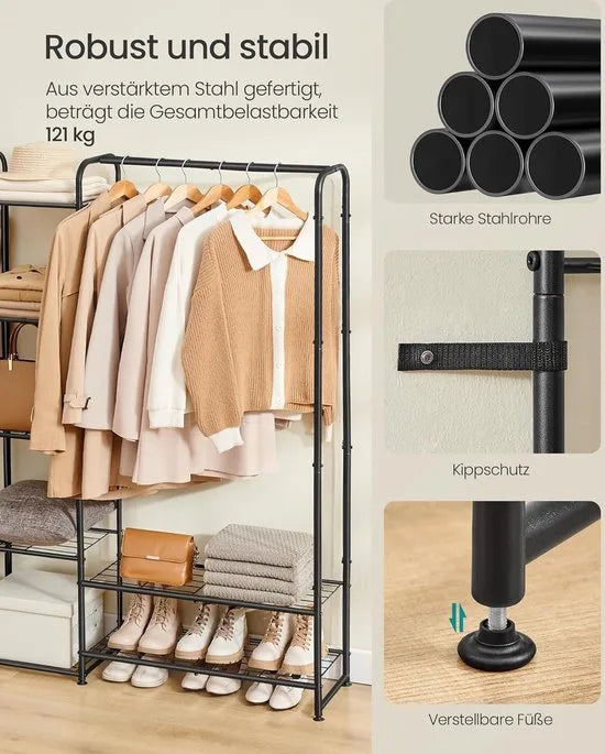 FurnStar - Kledingrek - Open kledingkast - Kledingstang - Kapstok met planken -Garderobe van metaal - Vrijstaand - 73 cm - Matzwart – 29 x 183 x 158,4cm 29 x 183 x 158,4 cm Matzwart (2022)