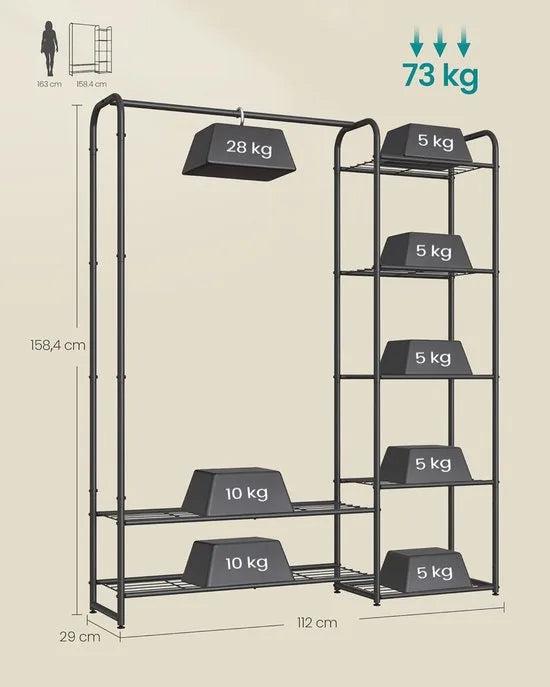 FurnStar - Kledingrek - Open kledingkast - Kledingstang - Kapstok met planken -Garderobe van metaal - Vrijstaand - 73 cm - Matzwart – 112cm -Matzwart (5443)