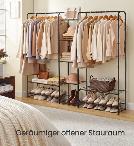 FurnStar - Kledingrek - Open kledingkast - Kledingstang - Kapstok met planken -Garderobe van metaal - Vrijstaand - 73 cm - Matzwart – 29 x 183 x 158,4cm 29 x 183 x 158,4 cm Matzwart (2022)