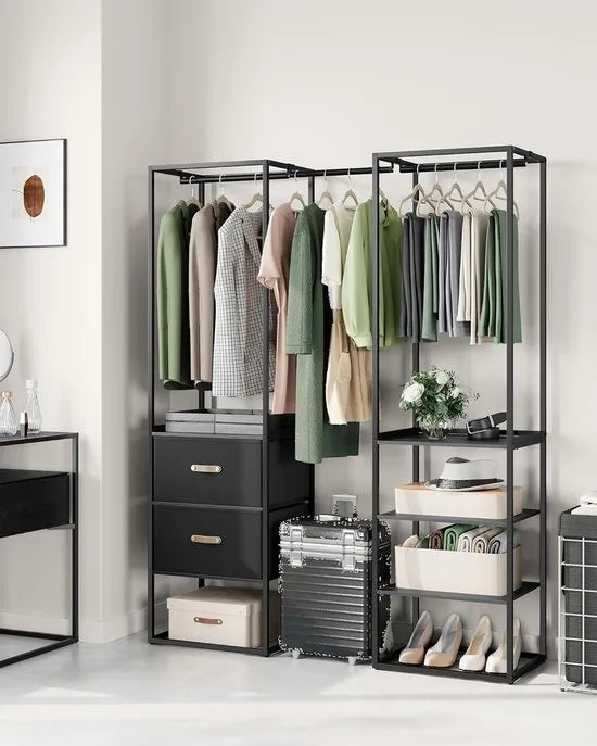 FurnStar Kledingrek – Open Kledingkast met 1 Uittrekbare Stang, 2 Lades & 4 Planken – Stevige Kapstok – Ruimtebesparend – Voor Slaapkamer – Ebbenhout Zwart