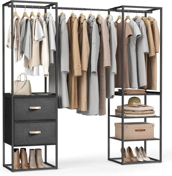 FurnStar Kledingrek – Open Kledingkast met 1 Uittrekbare Stang, 2 Lades & 4 Planken – Stevige Kapstok – Ruimtebesparend – Voor Slaapkamer – Ebbenhout Zwart