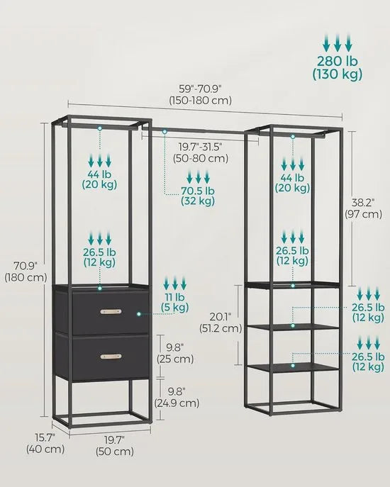 FurnStar Kledingrek – Open Kledingkast met 1 Uittrekbare Stang, 2 Lades & 4 Planken – Stevige Kapstok – Ruimtebesparend – Voor Slaapkamer – Ebbenhout Zwart