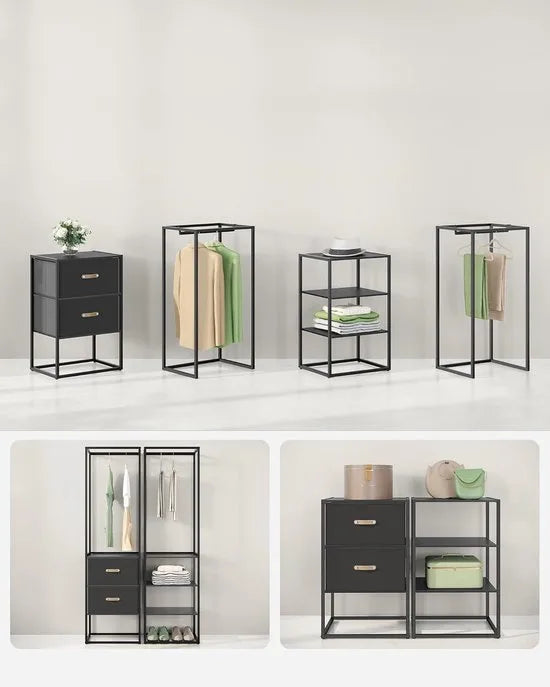 FurnStar Kledingrek – Open Kledingkast met 1 Uittrekbare Stang, 2 Lades & 4 Planken – Stevige Kapstok – Ruimtebesparend – Voor Slaapkamer – Ebbenhout Zwart