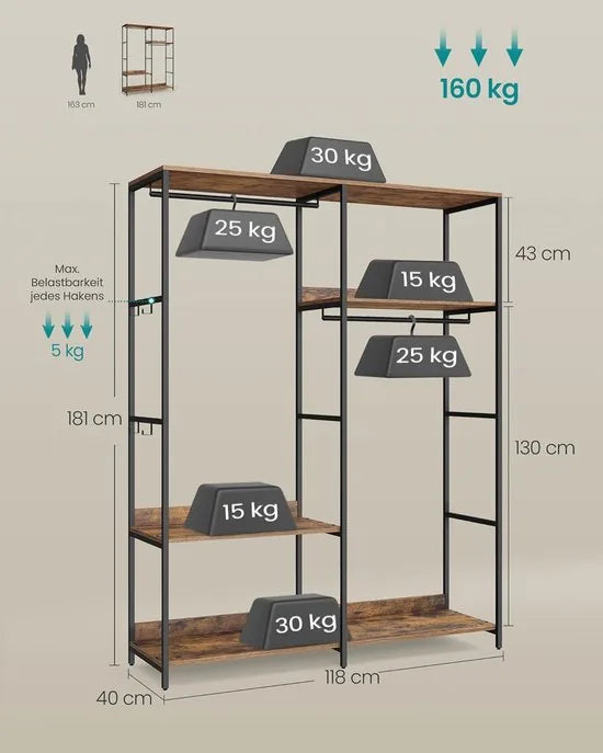 Furnstar Kledingrek open kledingrek kapstok met kledingstang planken afneembare haken 40 x 118 x 181 cm vintage bruin