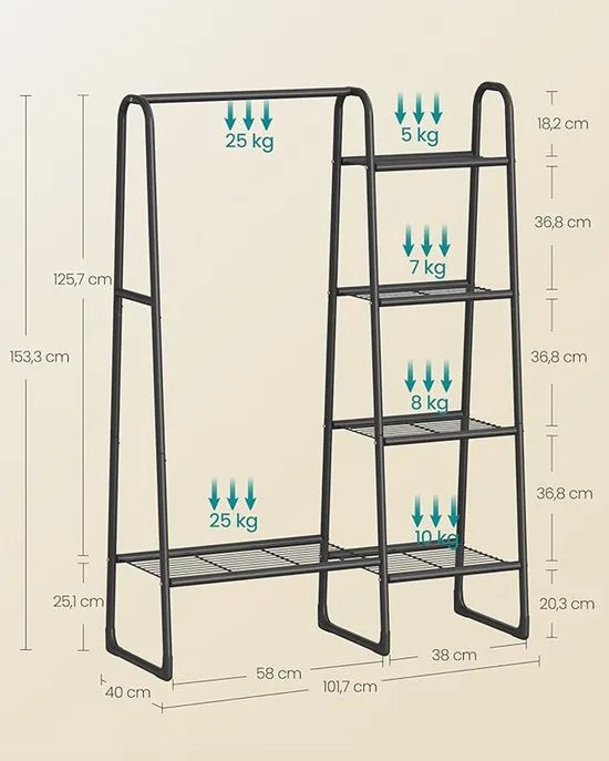 Furnstar Kledingrek - Wasrek met 5 Planken - Metalen Frame - 40 x 101 7 x 153 3 cm - Voor Slaapkamer - Woonkamer - Entree - Zwart - HSR138B01