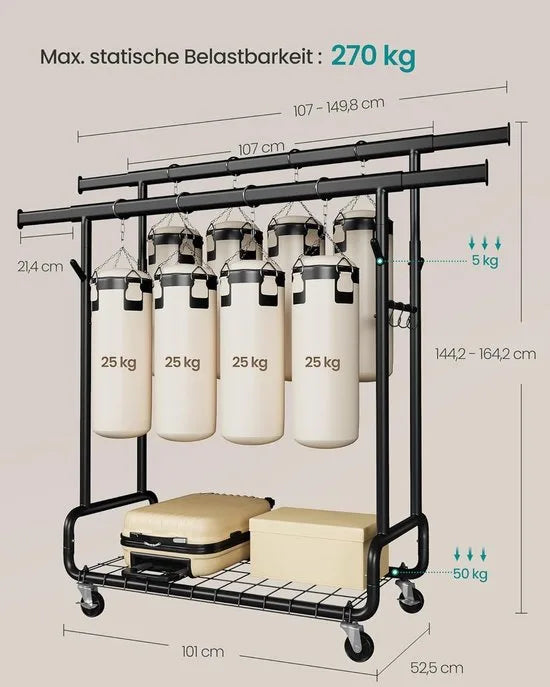 FurnStar Kledingrek - Zwaar Kapstokrek op Wieltjes - 2 Uittrekbare Kledingstangen - Verstelbare Hoogte - Met Plank & Haken -52,5 × (107–149,8) × (144,2–164,2) cm- Zwart