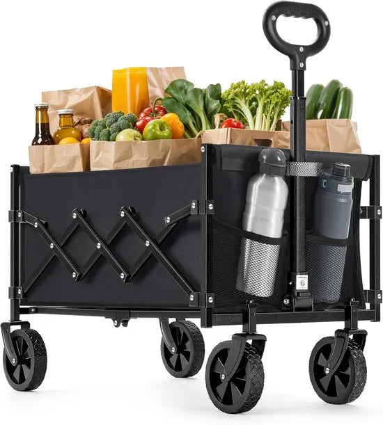FurnStar Kleine Handwagen - Opvouwbaar - Tuinwagen - Compact - 180 kg Belastbaar - 90 L - 4 Versterkte Wielen - Inktzwart - Voor Tuin & Outdoor