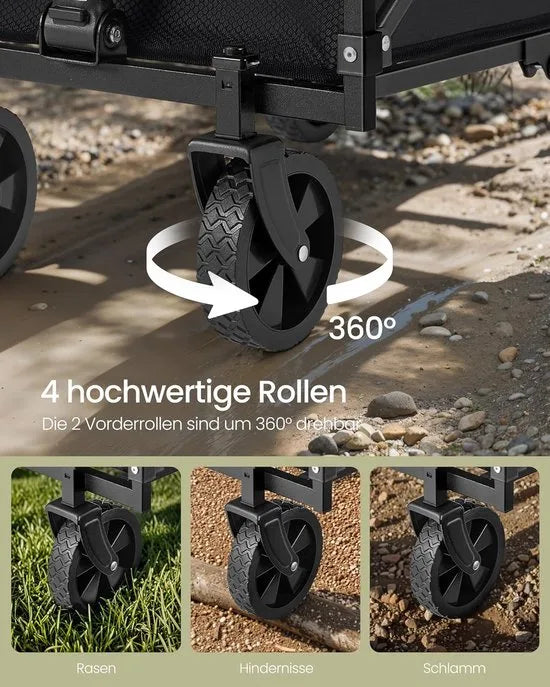 FurnStar Kleine Handwagen - Opvouwbaar - Tuinwagen - Compact - 180 kg Belastbaar - 90 L - 4 Versterkte Wielen - Inktzwart - Voor Tuin & Outdoor