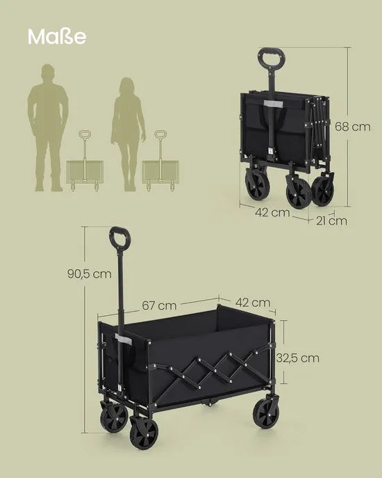 FurnStar Kleine Handwagen - Opvouwbaar - Tuinwagen - Compact - 180 kg Belastbaar - 90 L - 4 Versterkte Wielen - Inktzwart - Voor Tuin & Outdoor