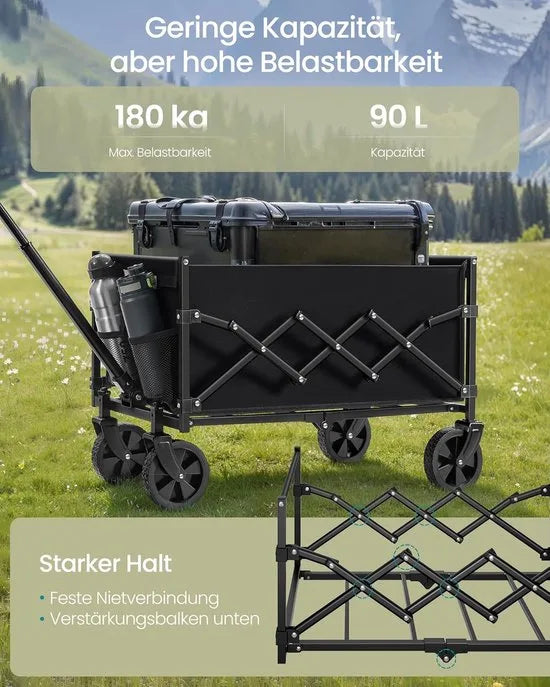 FurnStar Kleine Handwagen - Opvouwbaar - Tuinwagen - Compact - 180 kg Belastbaar - 90 L - 4 Versterkte Wielen - Inktzwart - Voor Tuin & Outdoor