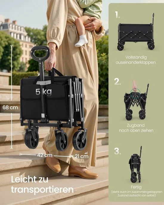 FurnStar Kleine Handwagen - Opvouwbaar - Tuinwagen - Compact - 180 kg Belastbaar - 90 L - 4 Versterkte Wielen - Inktzwart - Voor Tuin & Outdoor