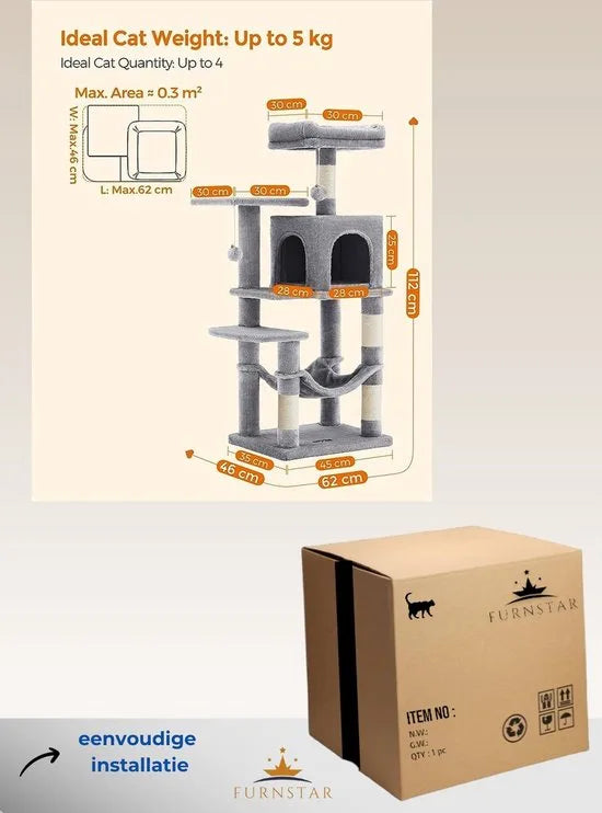 FurnStar - Krabpaal - 138 cm kattentoren voor binnenkatten - pluchen kattenhuis met krabplank - 9 krabpalen - zitstok - grot - ontwerp met meerdere niveaus - beige – Beige; grijs