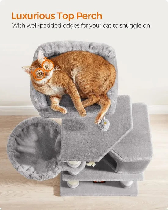 FurnStar - Krabpaal - 138 cm kattentoren voor binnenkatten - pluchen kattenhuis met krabplank - 9 krabpalen - zitstok - grot - ontwerp met meerdere niveaus - beige – Beige; grijs