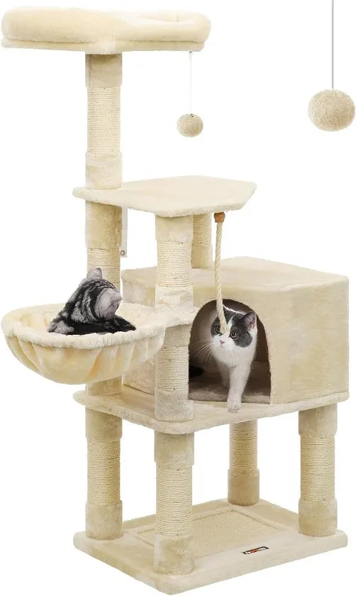 FurnStar - Krabpaal - 138 cm kattentoren voor binnenkatten - pluchen kattenhuis met krabplank - 9 krabpalen - zitstok - grot - ontwerp met meerdere niveaus - beige