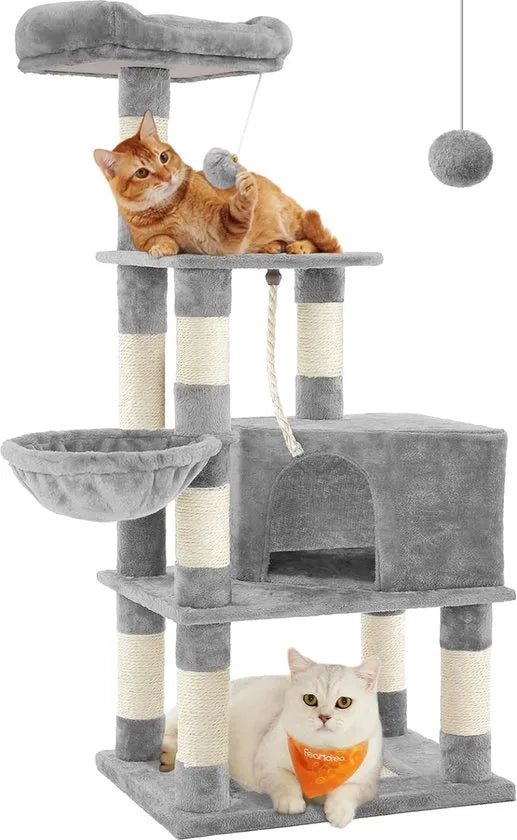 FurnStar - Krabpaal - 138 cm kattentoren voor binnenkatten - pluchen kattenhuis met krabplank - 9 krabpalen - zitstok - grot - ontwerp met meerdere niveaus - beige – 