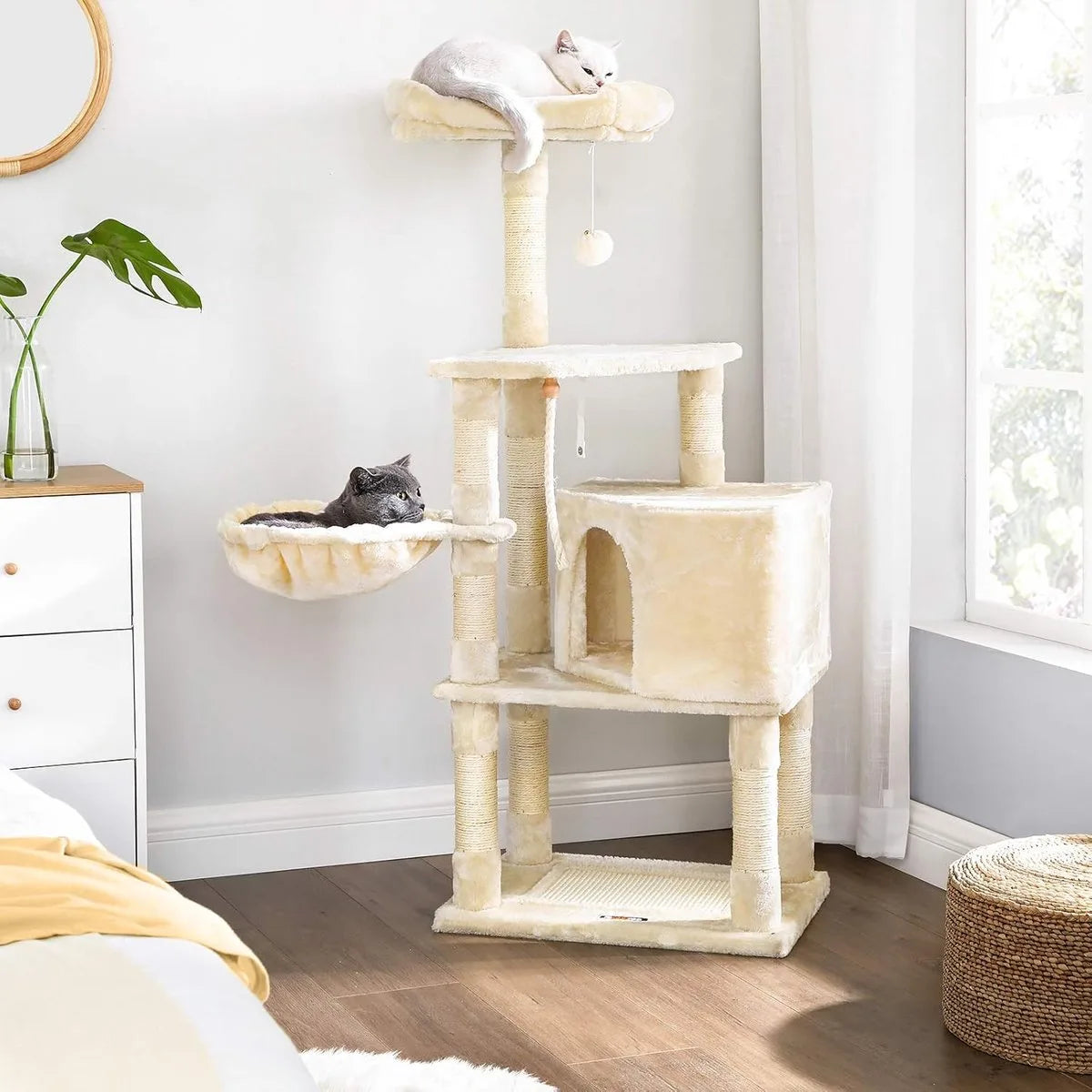 FurnStar - Krabpaal - 138 cm kattentoren voor binnenkatten - pluchen kattenhuis met krabplank - 9 krabpalen - zitstok - grot - ontwerp met meerdere niveaus - beige