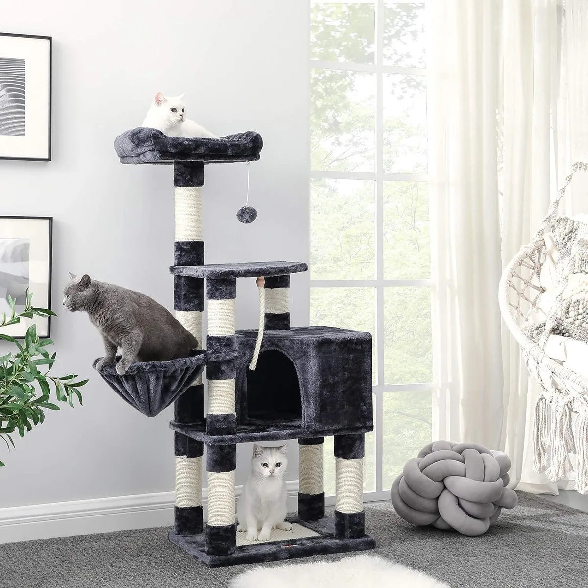FurnStar - Krabpaal - 138 cm kattentoren voor binnenkatten - pluchen kattenhuis met krabplank - 9 krabpalen - zitstok - grot - ontwerp met meerdere niveaus - beige – Rookgrijs