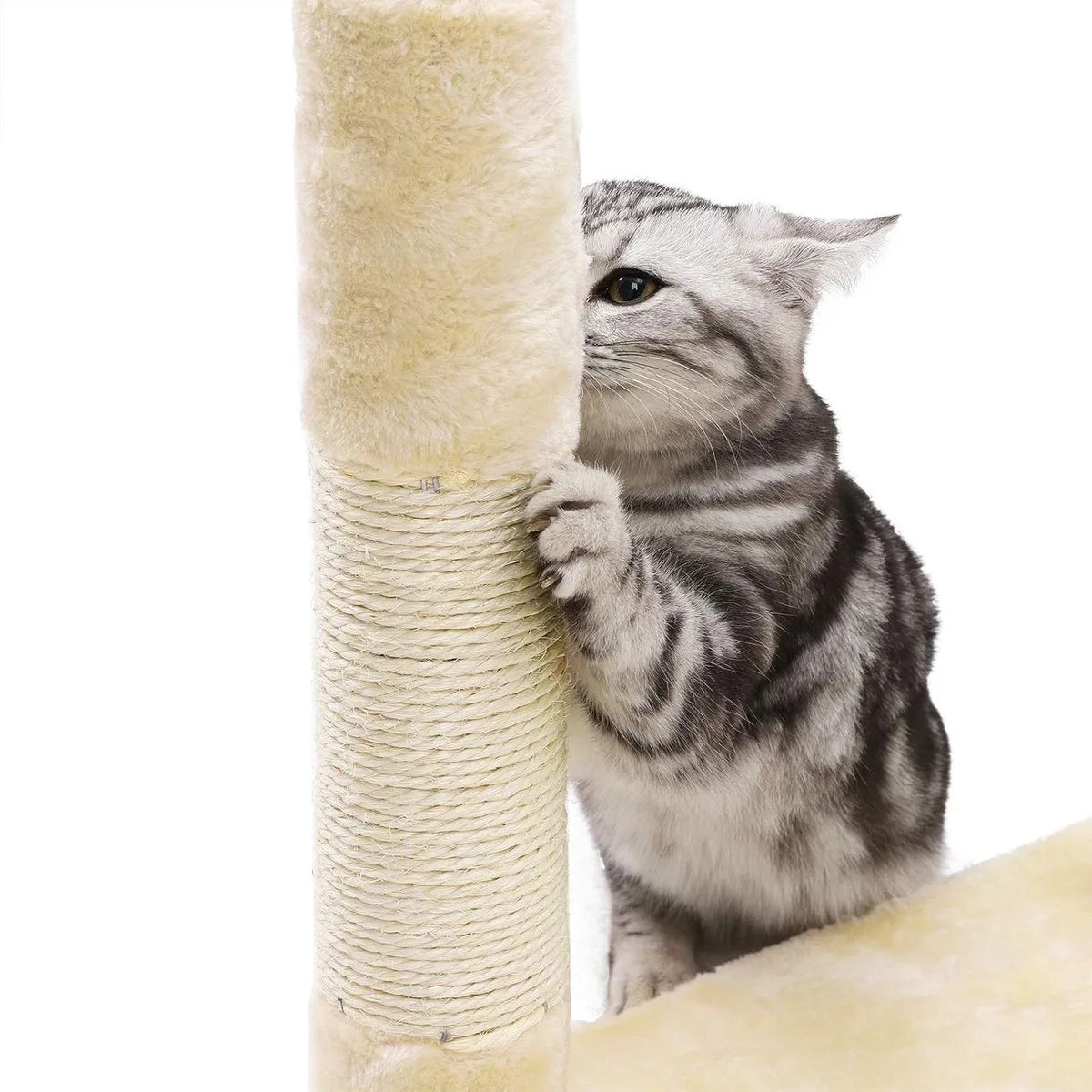 FurnStar - Krabpaal - 138 cm kattentoren voor binnenkatten - pluchen kattenhuis met krabplank - 9 krabpalen - zitstok - grot - ontwerp met meerdere niveaus - beige