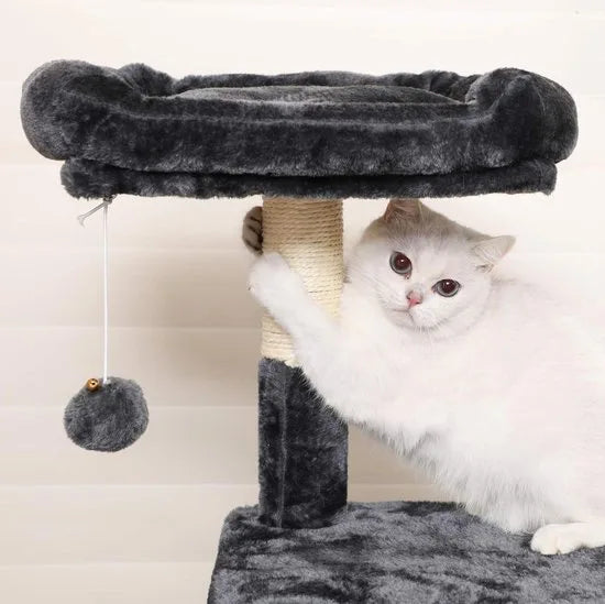 FurnStar - Krabpaal - 138 cm kattentoren voor binnenkatten - pluchen kattenhuis met krabplank - 9 krabpalen - zitstok - grot - ontwerp met meerdere niveaus - beige – Rookgrijs