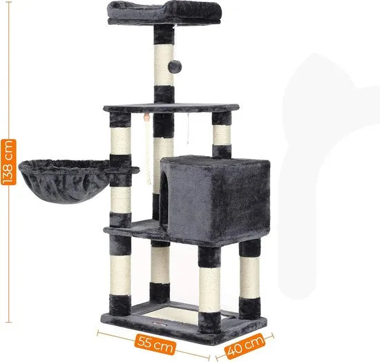 FurnStar - Krabpaal - 138 cm kattentoren voor binnenkatten - pluchen kattenhuis met krabplank - 9 krabpalen - zitstok - grot - ontwerp met meerdere niveaus - beige – Rookgrijs