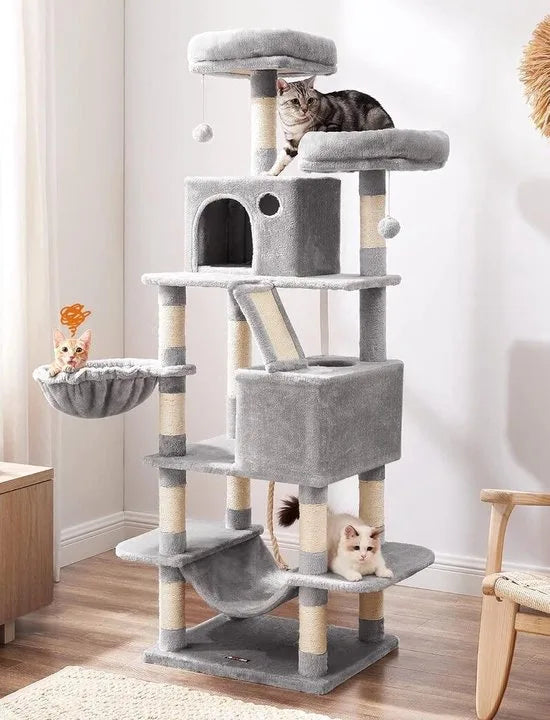 FurnStar - Krabpaal - 168 cm Grote Kattentoren met 13 Krabpalen - 1 Krabplank - 2 Zitstokken - 2 Grotten - Mand - Hangmat - Pompons - Pluche Katten appartement met Meerdere Niveaus voor Binnenkatten - Lichtgrijs