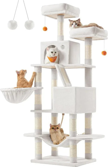 FurnStar- Krabpaal - 168 cm grote kattentoren met 13 krabpalen - 1 Krabplank - 2 Zitstokken - 2 Grotten - Mand - Hangmat - Pompons - Pluche kattenappartement met meerdere niveaus voor binnenkatten - Grijs
