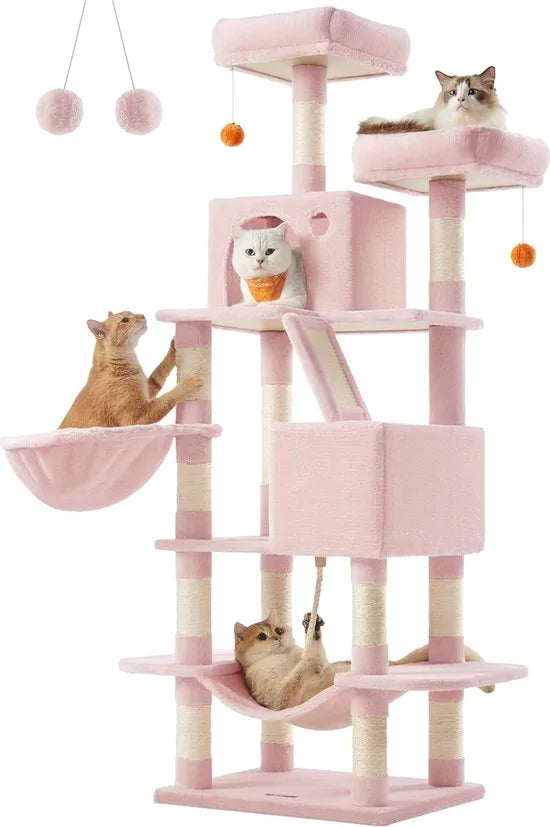FurnStar - Krabpaal - 168 cm grote kattentoren met 13 krabpalen - 1 Krabplank - 2 Zitstokken - 2 groten - Mand - Hangmat - Pompons - Pluche Kattenappartement met meerdere niveaus voor binnenkatten - Roze