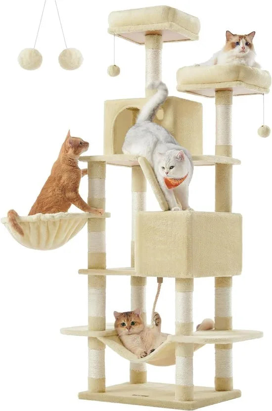 FurnStar- Krabpaal - 168 cm grote kattentoren met 13 krabpalen - 1 Krabplank - 2 Zitstokken - 2 Grotten - Mand - Hangmat - Pompons - Pluche kattenappartement met meerdere niveaus voor binnenkatten - G – Beige