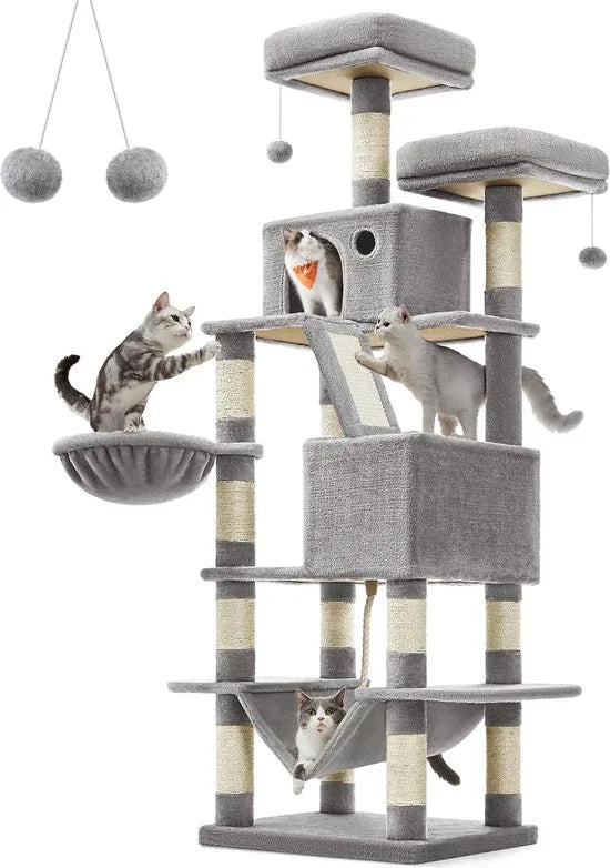 FurnStar - Krabpaal - 168 cm Grote Kattentoren met 13 Krabpalen - 1 Krabplank - 2 Zitstokken - 2 Grotten - Mand - Hangmat - Pompons - Pluche Katten appartement met Meerdere Niveaus voor Binnenkatten - Lichtgrijs