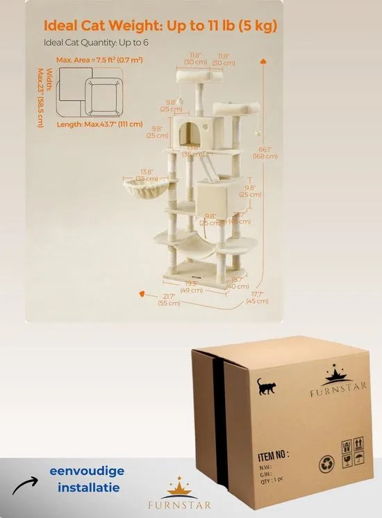 FurnStar- Krabpaal - 168 cm grote kattentoren met 13 krabpalen - 1 Krabplank - 2 Zitstokken - 2 Grotten - Mand - Hangmat - Pompons - Pluche kattenappartement met meerdere niveaus voor binnenkatten - G – Beige