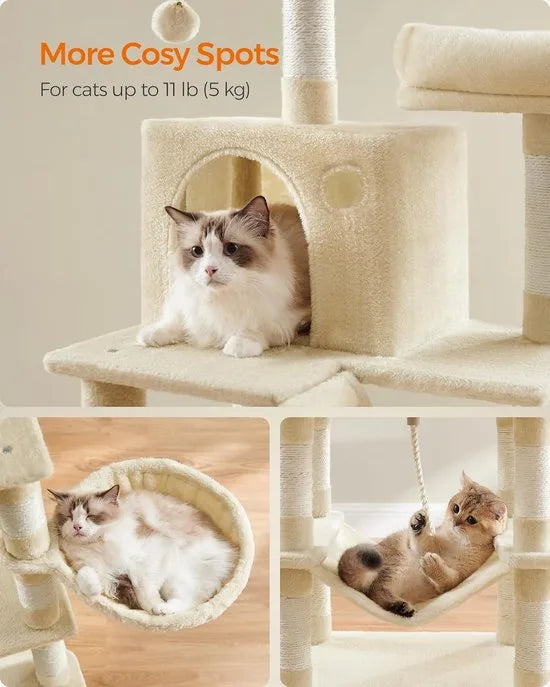 FurnStar- Krabpaal - 168 cm grote kattentoren met 13 krabpalen - 1 Krabplank - 2 Zitstokken - 2 Grotten - Mand - Hangmat - Pompons - Pluche kattenappartement met meerdere niveaus voor binnenkatten - G – Beige