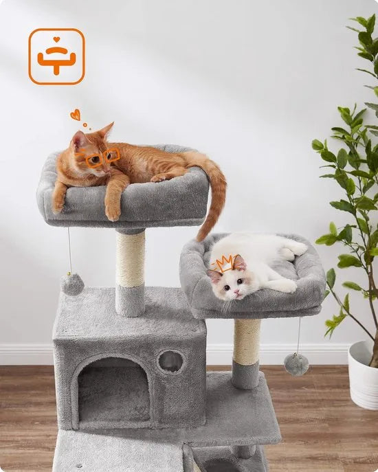 FurnStar - Krabpaal - 168 cm Grote Kattentoren met 13 Krabpalen - 1 Krabplank - 2 Zitstokken - 2 Grotten - Mand - Hangmat - Pompons - Pluche Katten appartement met Meerdere Niveaus voor Binnenkatten - Lichtgrijs