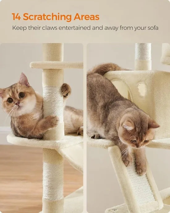 FurnStar- Krabpaal - 168 cm grote kattentoren met 13 krabpalen - 1 Krabplank - 2 Zitstokken - 2 Grotten - Mand - Hangmat - Pompons - Pluche kattenappartement met meerdere niveaus voor binnenkatten - G – Beige
