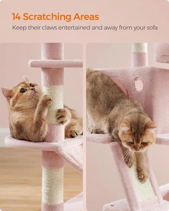 FurnStar - Krabpaal - 168 cm grote kattentoren met 13 krabpalen - 1 Krabplank - 2 Zitstokken - 2 groten - Mand - Hangmat - Pompons - Pluche Kattenappartement met meerdere niveaus voor binnenkatten - Roze