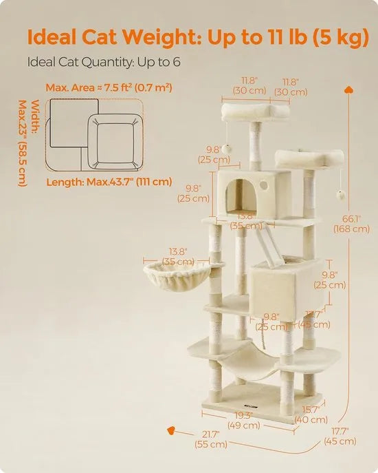 FurnStar- Krabpaal - 168 cm grote kattentoren met 13 krabpalen - 1 Krabplank - 2 Zitstokken - 2 Grotten - Mand - Hangmat - Pompons - Pluche kattenappartement met meerdere niveaus voor binnenkatten - G – Beige