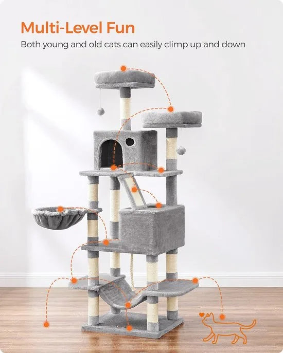 FurnStar - Krabpaal - 168 cm Grote Kattentoren met 13 Krabpalen - 1 Krabplank - 2 Zitstokken - 2 Grotten - Mand - Hangmat - Pompons - Pluche Katten appartement met Meerdere Niveaus voor Binnenkatten - Lichtgrijs