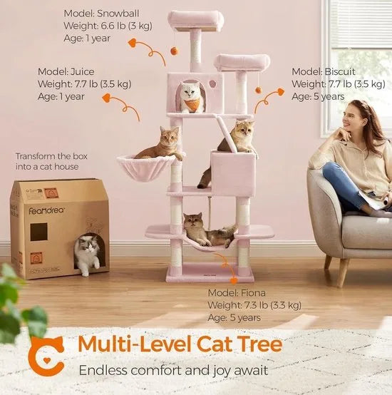 FurnStar - Krabpaal - 168 cm grote kattentoren met 13 krabpalen - 1 Krabplank - 2 Zitstokken - 2 groten - Mand - Hangmat - Pompons - Pluche Kattenappartement met meerdere niveaus voor binnenkatten - Roze