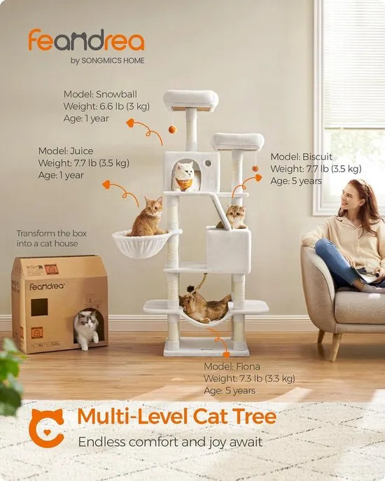 FurnStar- Krabpaal - 168 cm grote kattentoren met 13 krabpalen - 1 Krabplank - 2 Zitstokken - 2 Grotten - Mand - Hangmat - Pompons - Pluche kattenappartement met meerdere niveaus voor binnenkatten - Grijs