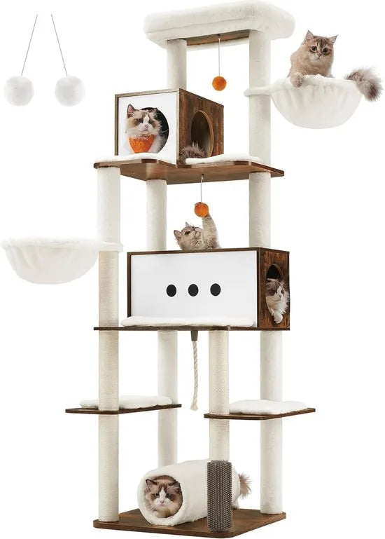 FurnStar - Krabpaal groot - 197 cm hoog - kattenboom XXL - modern - kattenhuis met meerdere verdiepingen met 2 holtes - 2 ligkommen, 4 krabpalen - kattenborstel - tunnel - platforms - grijsbeige – Vintagebruin