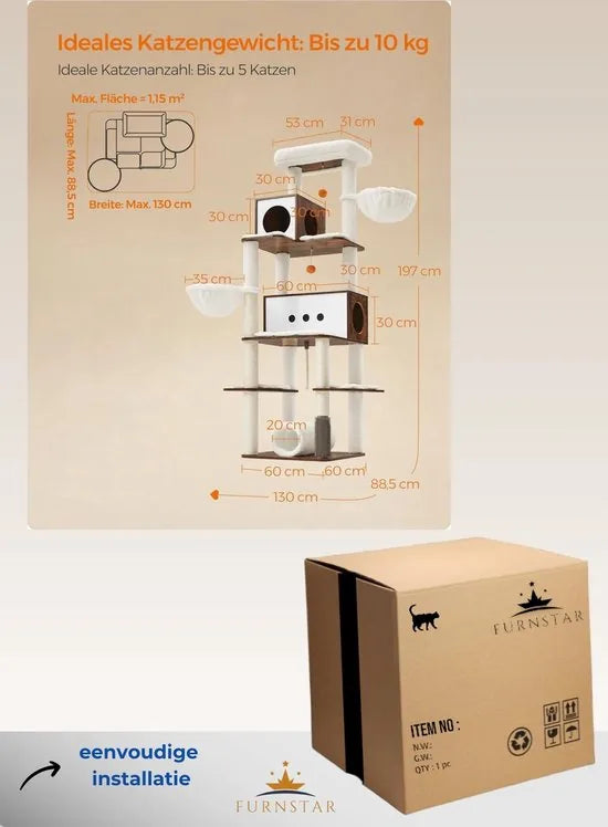 FurnStar - Krabpaal groot - 197 cm hoog - kattenboom XXL - modern - kattenhuis met meerdere verdiepingen met 2 holtes - 2 ligkommen, 4 krabpalen - kattenborstel - tunnel - platforms - grijsbeige – Vintagebruin