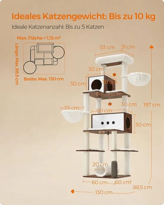 FurnStar Krabpaal Groot – 197 cm Hoog – Kattenboom XXL met Meerdere Verdiepingen – 2 Holtes, 2 Ligkommen, 4 Krabpalen, Tunnel en Platforms – Kattenhuis in Vintagebruin